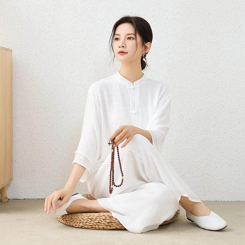 春夏新款棉麻太极服女中式立领复古文艺茶服练功禅修瑜伽套装宽松