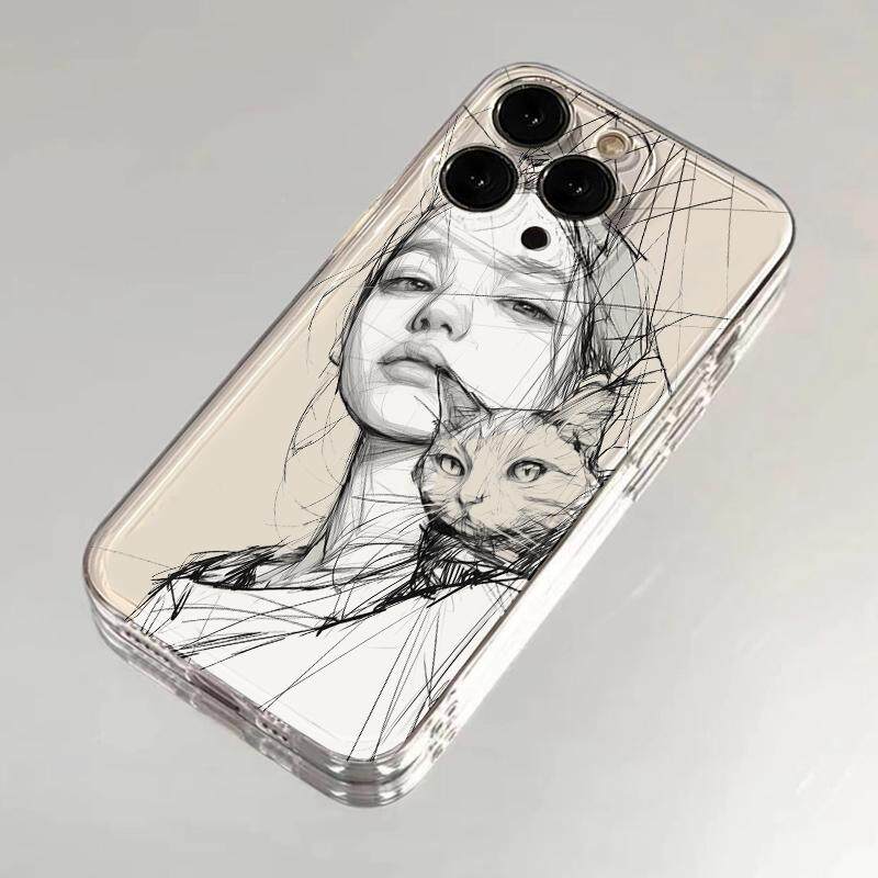 适用苹果16promax手机壳新款iPhone15pro简约14plus高级感11/13pro全包12防摔7/8P素描女孩透明太空壳保护套