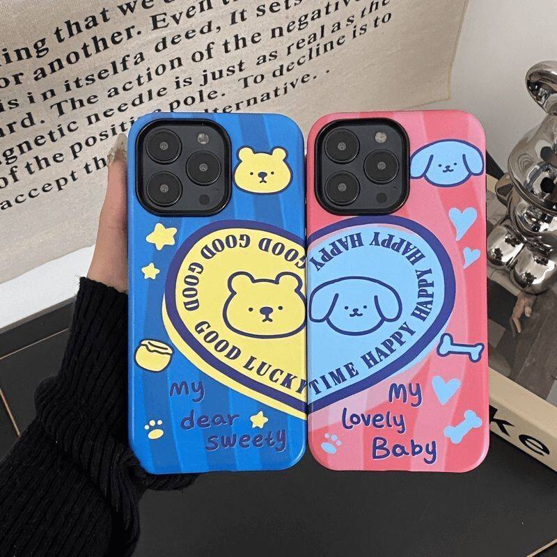 简约爱心情小狗猫侣适用苹果16promax华为mate60Pro高级手机壳iPhone15plus荣耀男女款oppo菲林二合一小米14图片