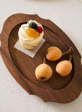 如是/日式复古花边实木盘子黑胡桃木餐盘手工甜品盘中古托盘茶盘