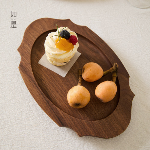 日式花边复古黑胡桃木甜品盘如是