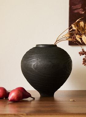 如是/中古侘寂风碳化木花瓶民宿软装花器木质样板间装饰木质摆件