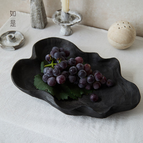 侘寂风黑色复古实木托盘烛台摆件