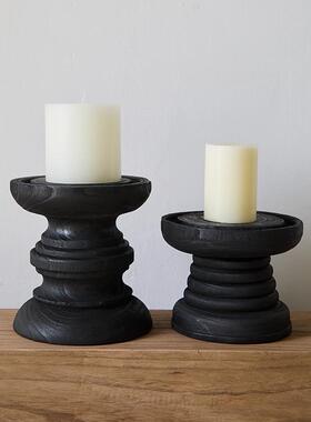 如是/碳化木侘寂风黑色烛台家居摆件样板间民宿客厅复古装饰品