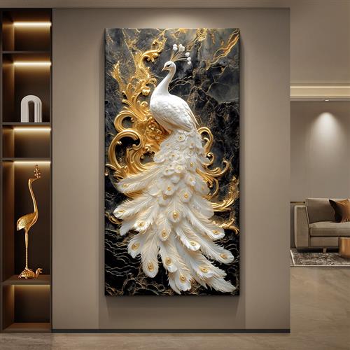 孔雀玄关装饰画轻奢大气过道走廊尽头挂画高级感立体浮雕入户壁画图片