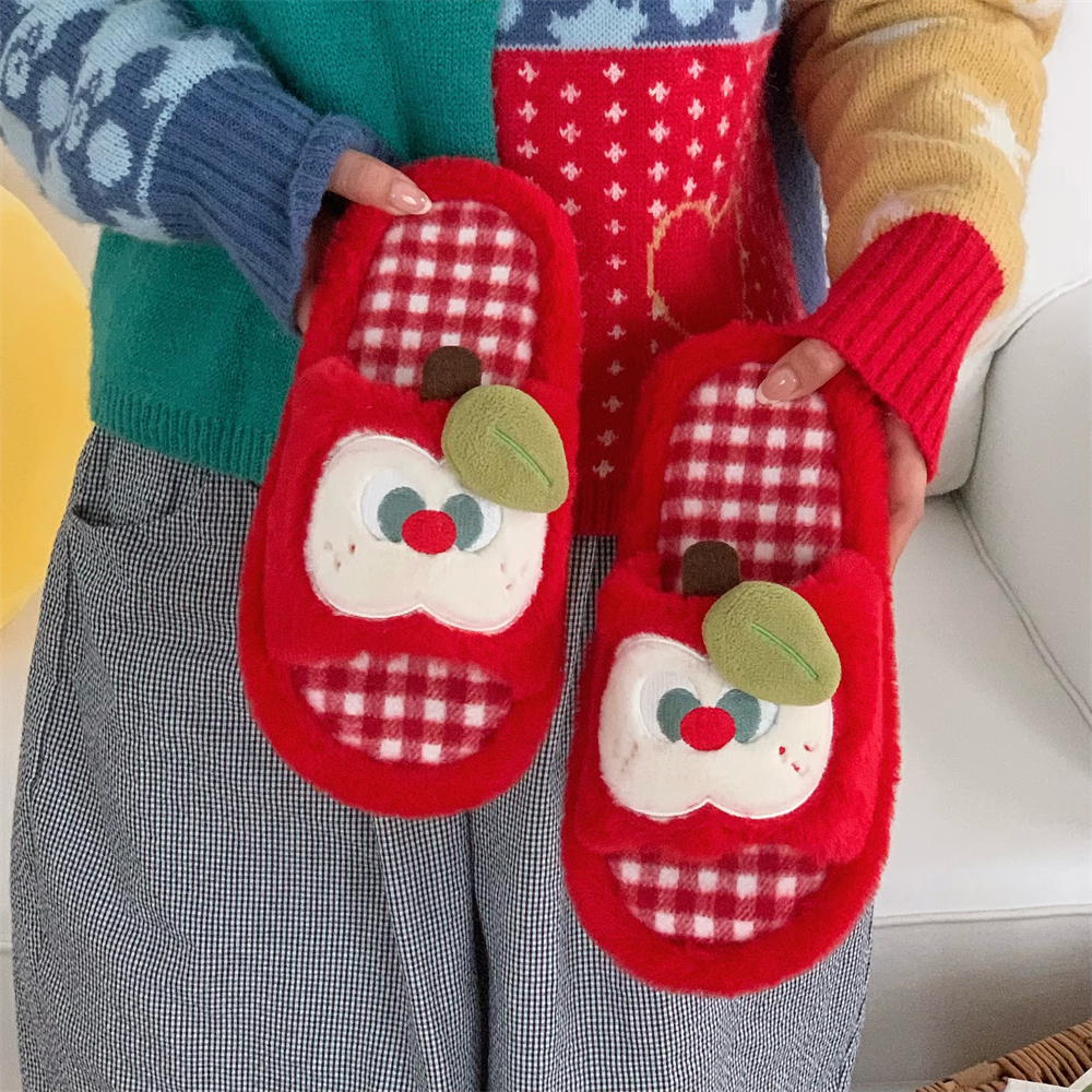 细细条一字棉拖鞋红苹果毛毛拖鞋