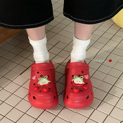 细细条苹果番茄厚底增高洞洞鞋