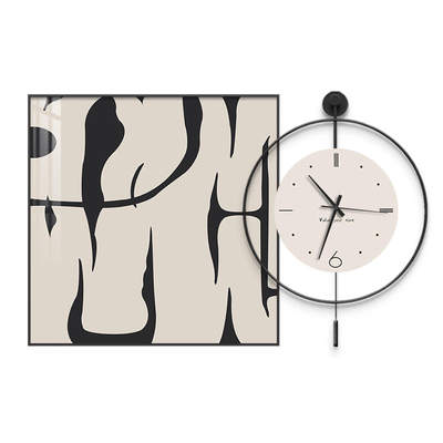 现代餐厅装饰画带时钟家用钟表简约高档客厅挂钟壁画黑白抽象挂画