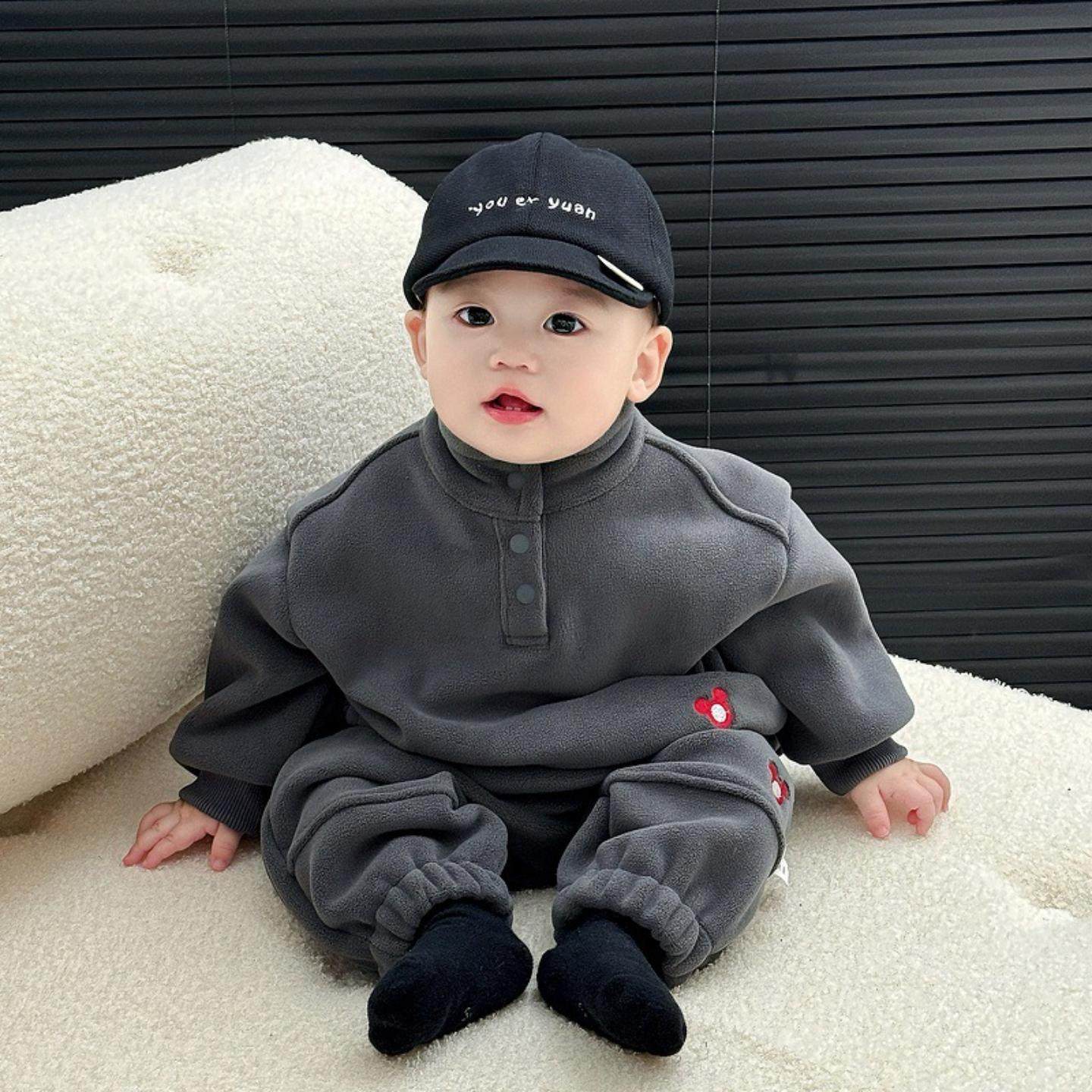 韩版男童冬季运动套装洋气女宝宝加厚保暖卫衣裤子时髦两件套冬天