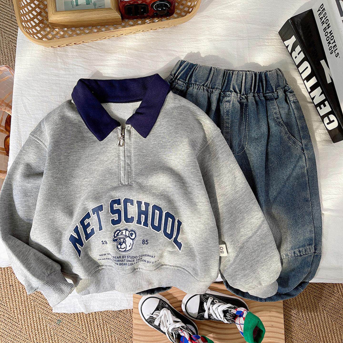 儿童秋季新款套装拉链卡通卫衣男童字母印花上衣酷帅复古牛仔长裤