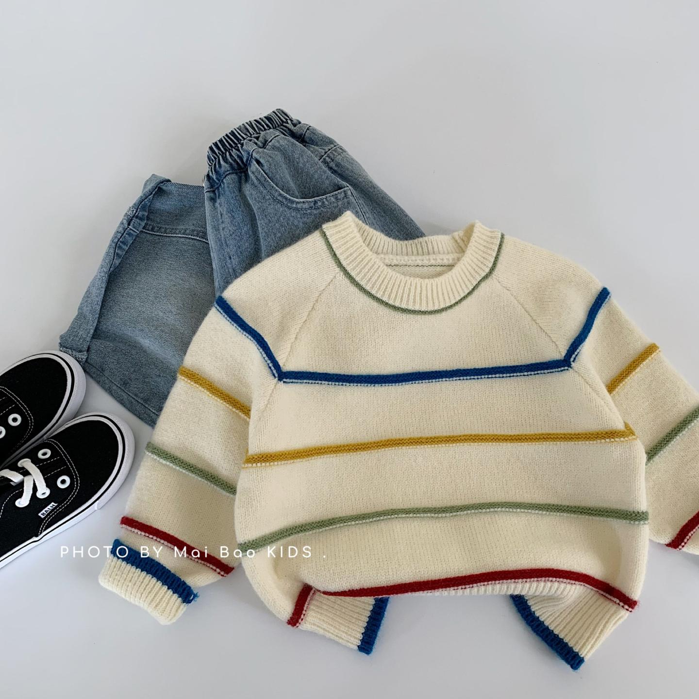 麦宝儿童毛衣2025秋季新款男女童彩条洋气针织衫宝宝春秋打底衫潮