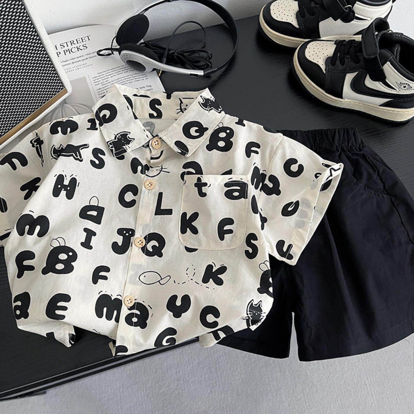 夏季男童衬衫套装卡通猫咪印花短袖儿童字母开衫休闲短裤两件套