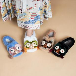 2024冬季新款纯手工虎头拖鞋女平底透气棉拖鞋配马面民族风包头拖