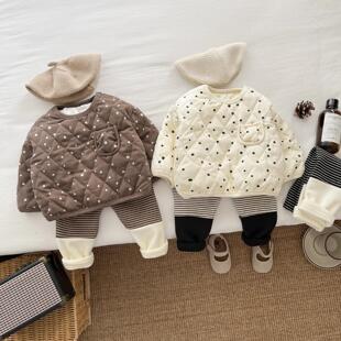 ins婴儿秋冬夹棉上衣女童加绒套头外套洋气波点加厚保暖棉衣冬天