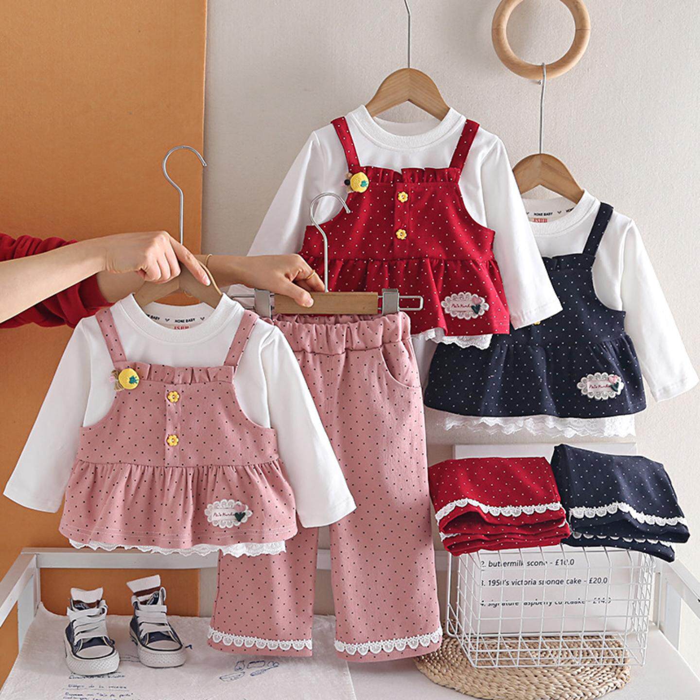 女童春秋套装新款洋气春秋季儿童衣服女宝宝满身点子背带三件套潮