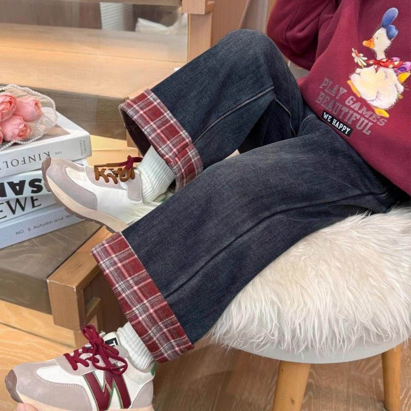 女童裤子春装红格牛仔裤柔软新款儿童洋气春秋薄款宝宝直筒阔腿裤