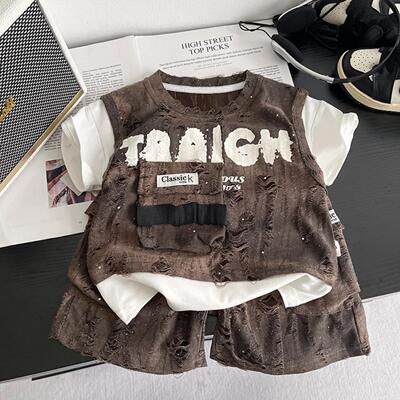 男童夏装套装2026新款儿童洋气字母破洞短袖宝宝夏季短裤小孩衣服