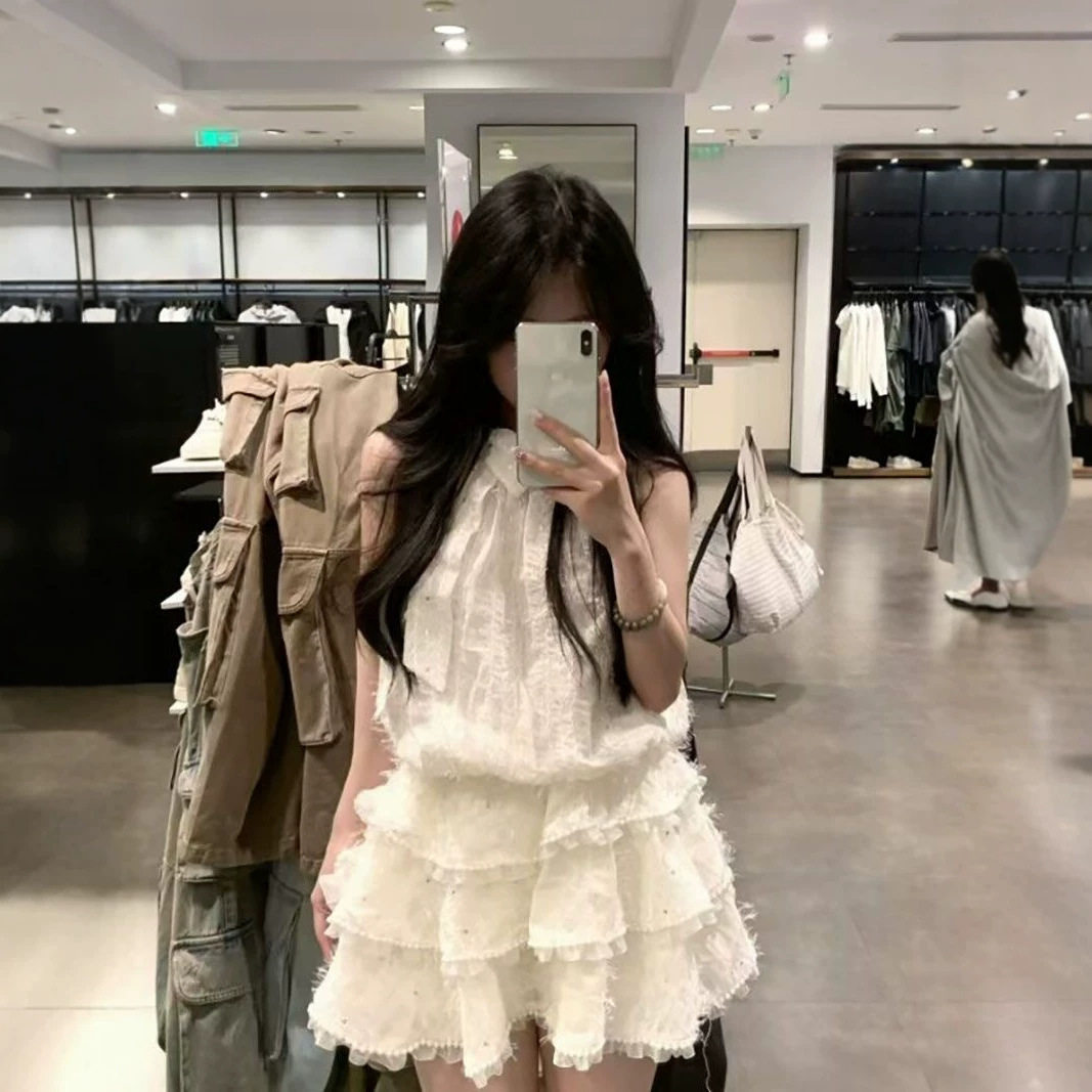 甜美风白色无袖挂脖连衣裙女夏季小个子在逃公主蛋糕裙收腰蓬蓬裙