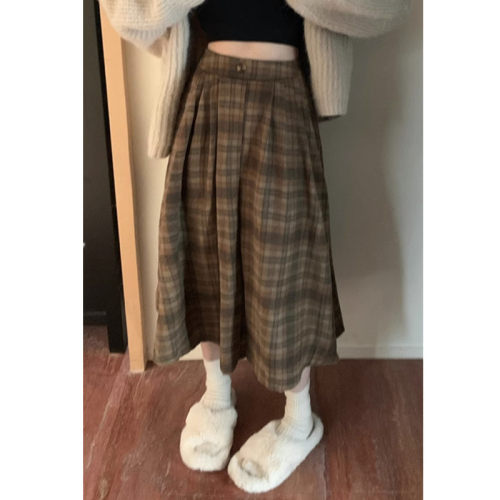 复古毛呢半身裙女装秋季2023新款高腰显瘦中长款格子大摆裙伞裙子