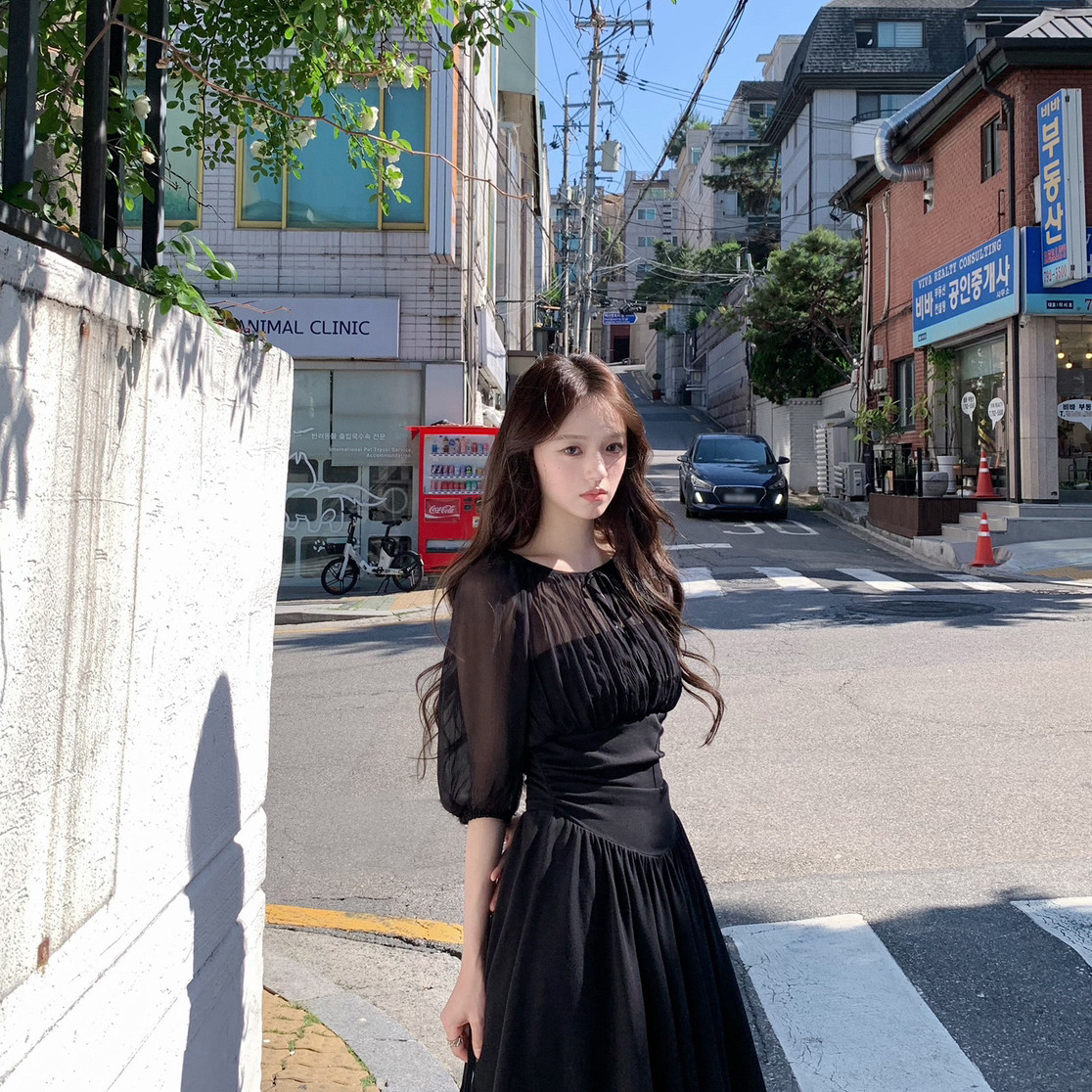 Y.JIA 伊嘉-纱芭蕾微透莱赛尔网纱拼接假两件纯色连衣裙YS6-6881