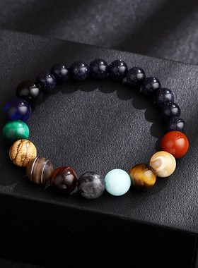 天然石头银河系手錬蓝砂石星空宇宙太阳系行星手串亚马逊品质