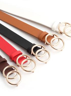 Double Ring Women Belt Fashion Waist Belt PU Leather Metal B