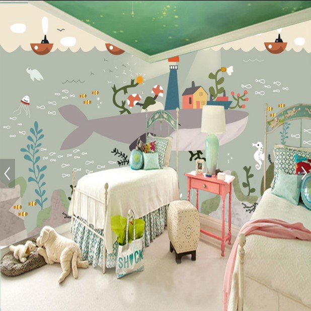 鲸鱼海洋儿童房墙纸男孩卧室壁纸女孩定制壁画北欧幼儿园卡通墙布