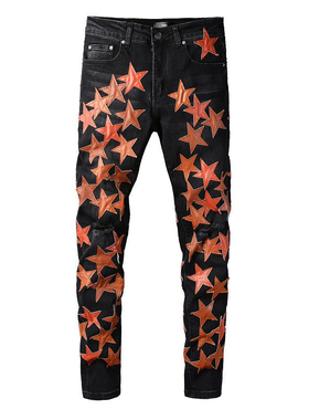 America Jeans Male blue Orange star Leather Patchwork Jeans