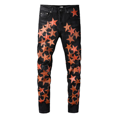 America Jeans Male blue Orange star Leather Patchwork Jeans