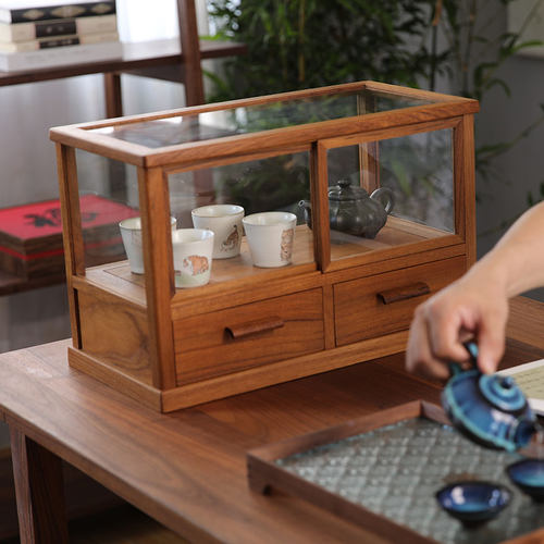 柚木质桌面茶叶茶具架收纳柜盒实木玻璃展示柜防尘茶壶置物博古架
