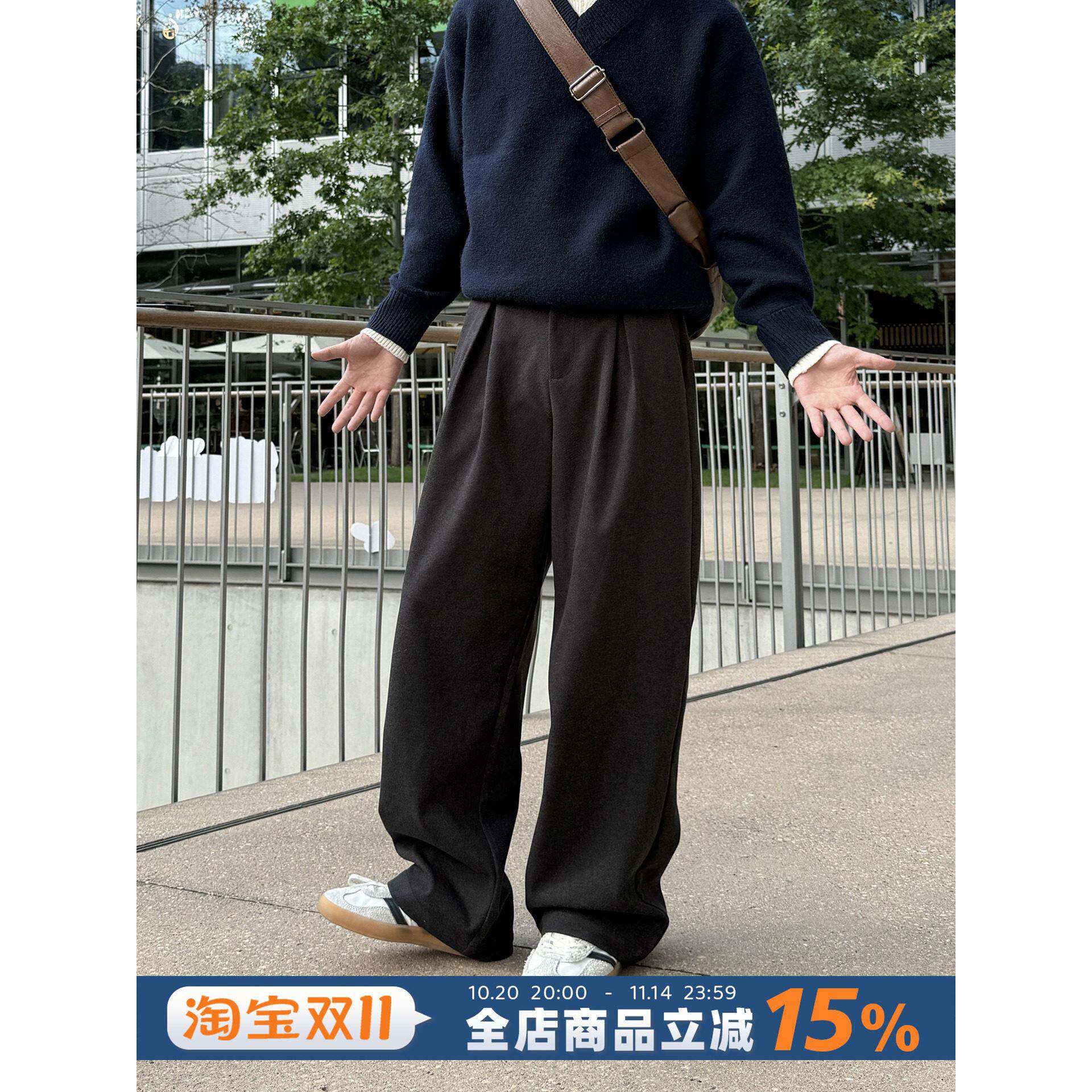 深灰色毛呢直筒西裤男款2025新款秋冬季宽松保暖加厚垂感休闲长裤