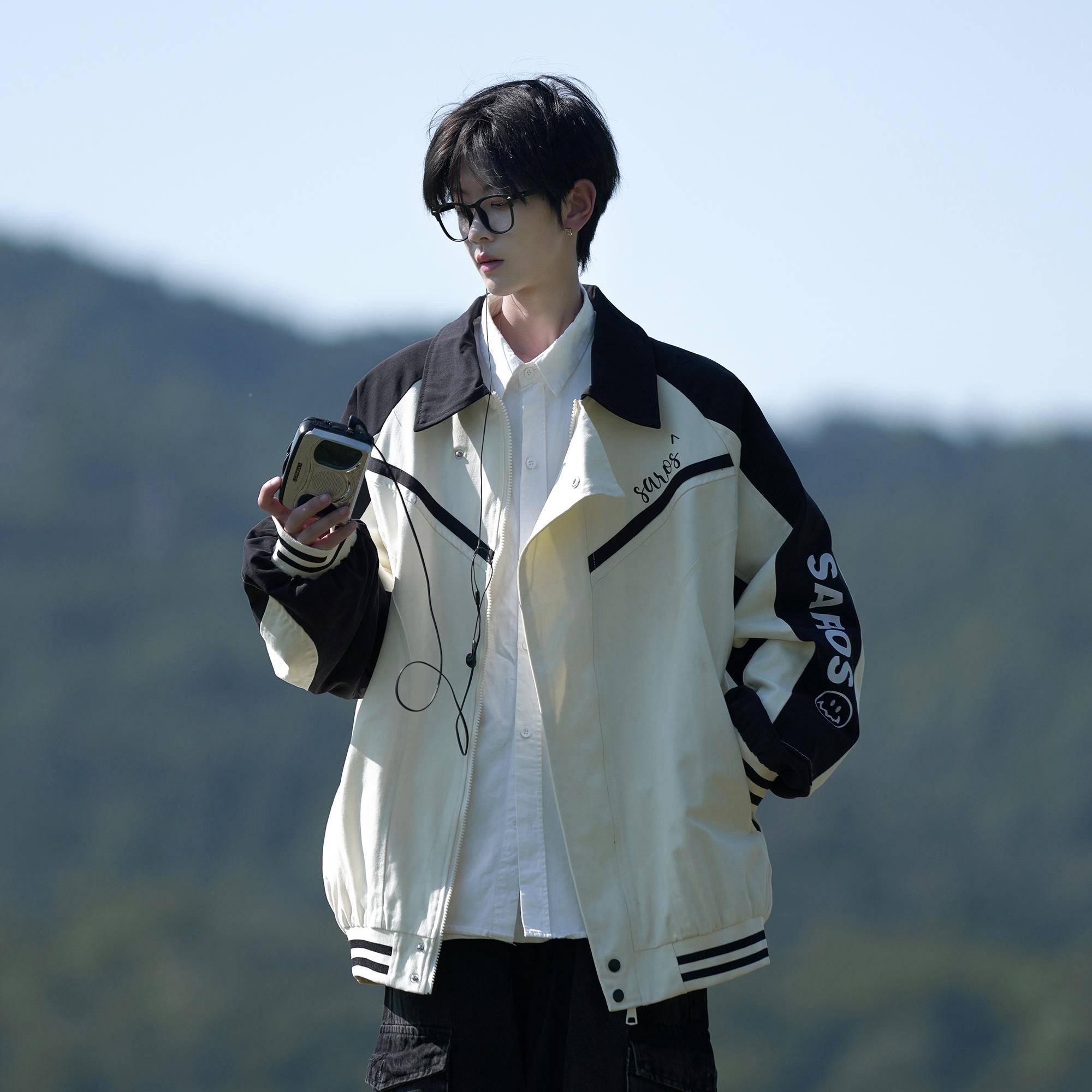 拼接撞色夹克外套男春秋宽n冬季美v式复古痞帅松V-5382M1itage休