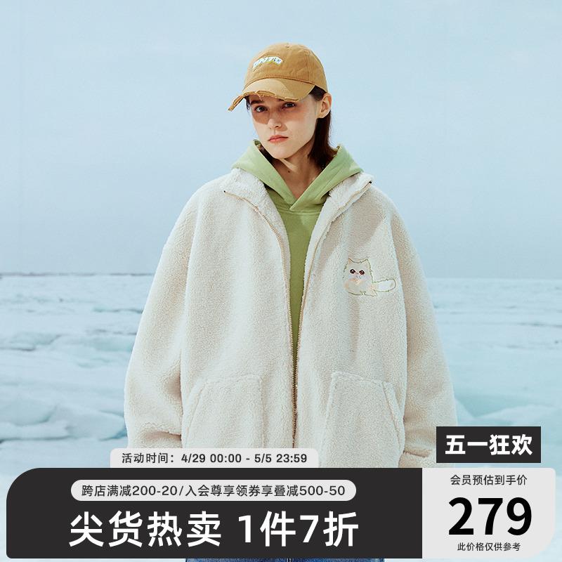 SUAMOMENT抓痕猫咪刺绣印花仿羊羔毛绒棉服男女秋冬保暖加厚外套