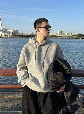 nick tian 秋冬简约连帽卫衣男纯色叠穿休闲宽松灰色上衣帽衫