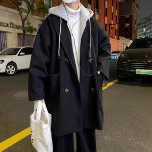 冬季加厚毛呢大衣男款宽松假两件连帽呢子外套男生潮牌风衣中长款