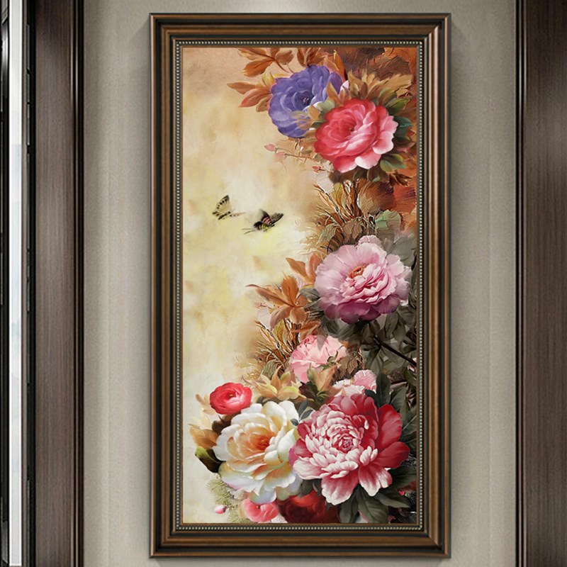 牡丹花美式玄关装饰画手绘油画花开富贵客厅挂画复古欧式走廊壁画图片