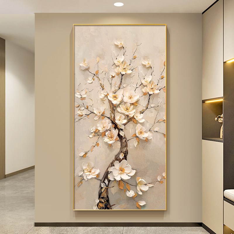 大芬油画村入户玄关装饰画手绘抽象花卉走廊过道挂画客厅竖版壁画图片
