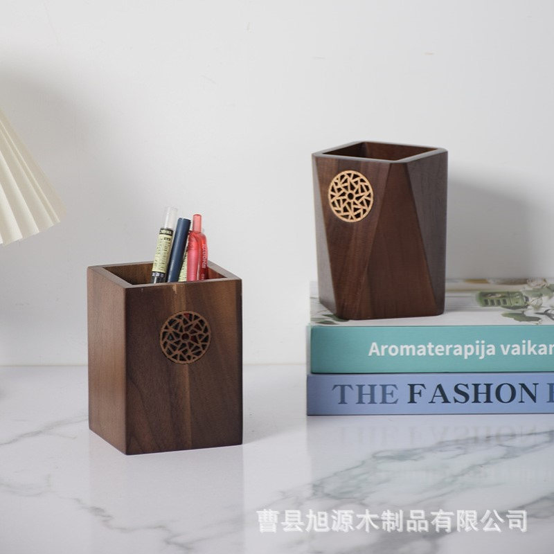 笔筒收纳盒实木小学生文具笔架整理盒胡桃色木质菱形笔筒盒子现货