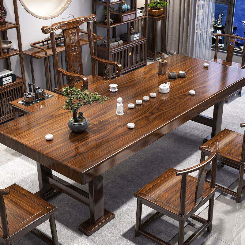 实原木无品牌/大板茶桌椅组室合一桌五椅新中家用木茶几办公泡茶