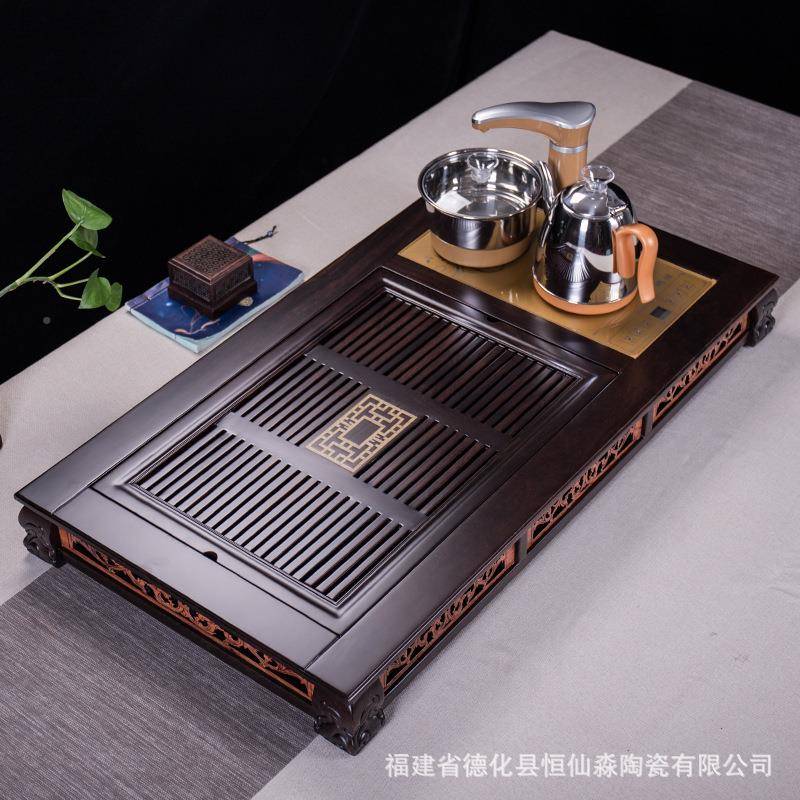 实木恒仙淼陶茶盘檀家用乌金黑鸡翅木套装四合全自动电热一炉大号