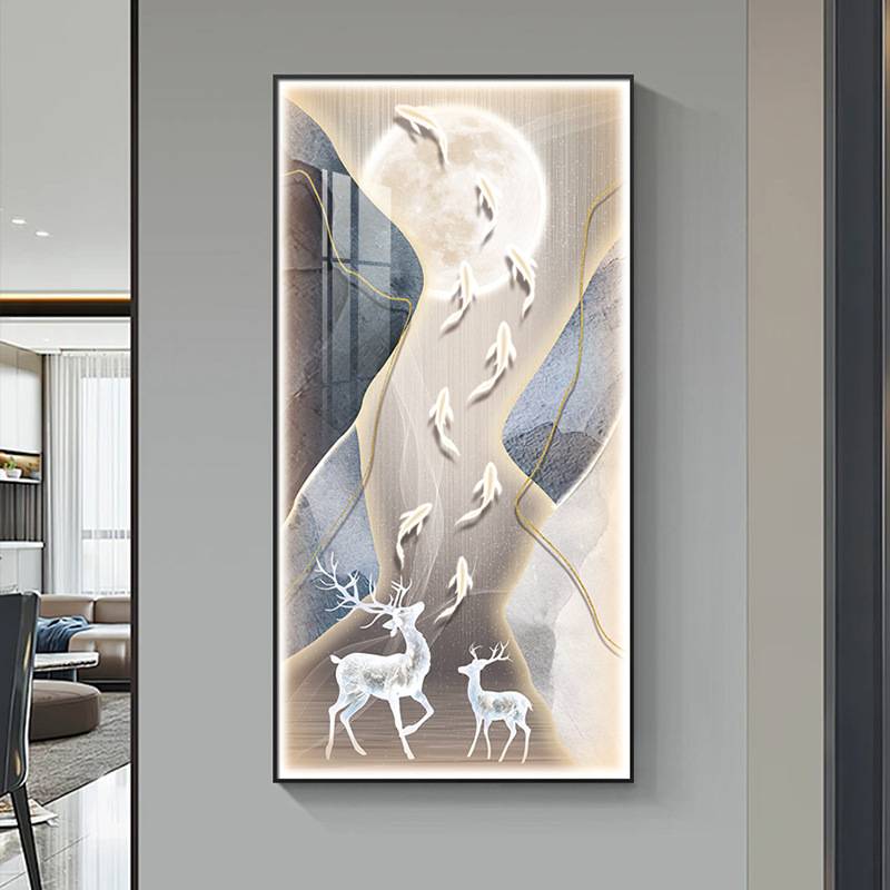 现代轻奢玄关装饰画石来运转走廊尽头挂画高档大气九鱼图过道壁画图片