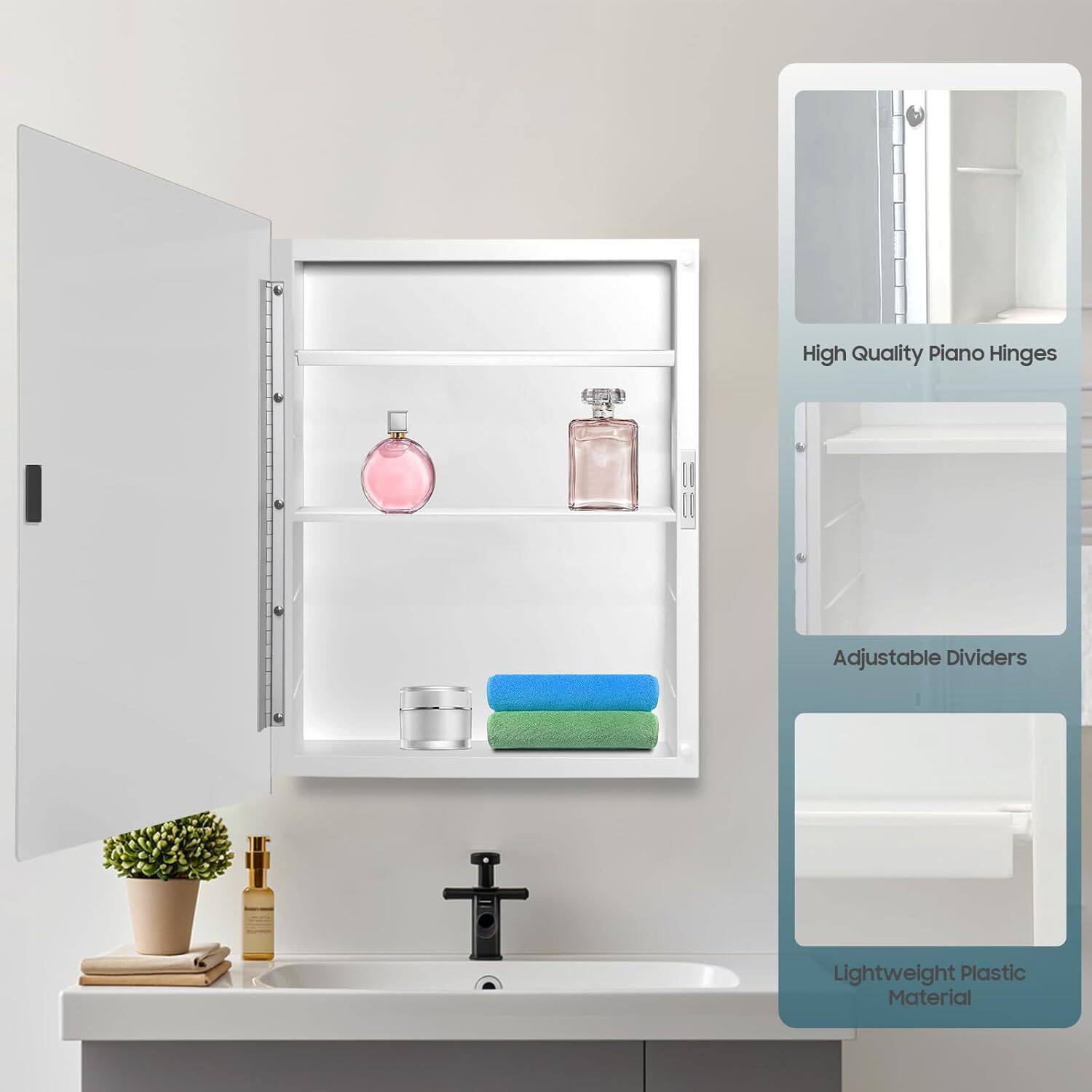 跨境电商热卖塑料镜柜PVC柜子浴室厕所带LED 储物功能16*20inch