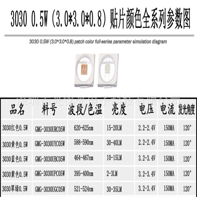 303030红光30W红灯0.5W红色0.5贴灯珠红光led60-625nm片2发光二极