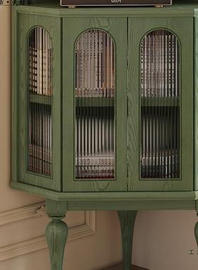 法式客复古边柜置物柜美44294厅中古风角柜三角形绿色实式木储物