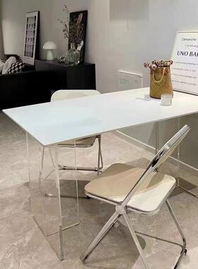 亚浮克力悬用纯白岩板餐桌椅组合家约小户型现代简长方CWQ形吃饭