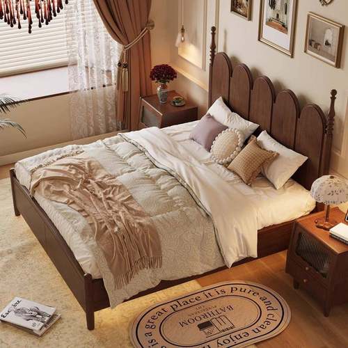 美式实木主卧气床复古架子床1米大8风大人暖色系中FCG古法式木床