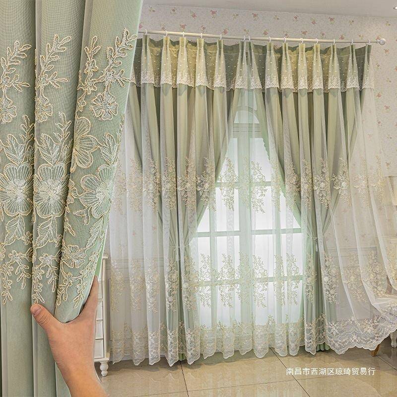 新款简欧小清新双31448层窗帘布纱一体品成绣花厅卧室飘窗窗遮客
