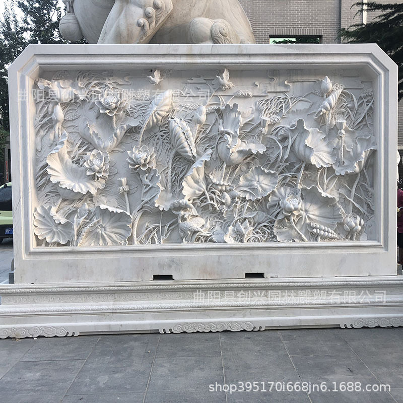 石雕影壁墙汉白玉深浮雕荷塘月色影背墙庭院屏风水照壁装饰天然石