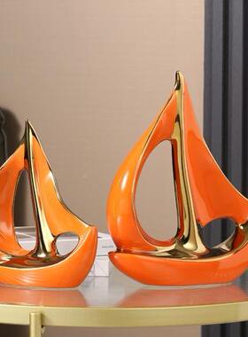 跨轻奢一帆风顺船摆件X0014/X0境现代酒柜办公室电视柜家居陶饰瓷