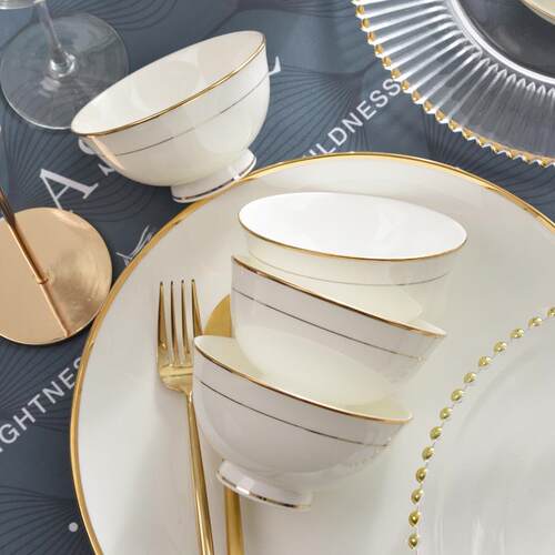 碗10个装餐具金碗边骨瓷高脚F758T66H碗面4.5英寸米饭碗家用英6寸